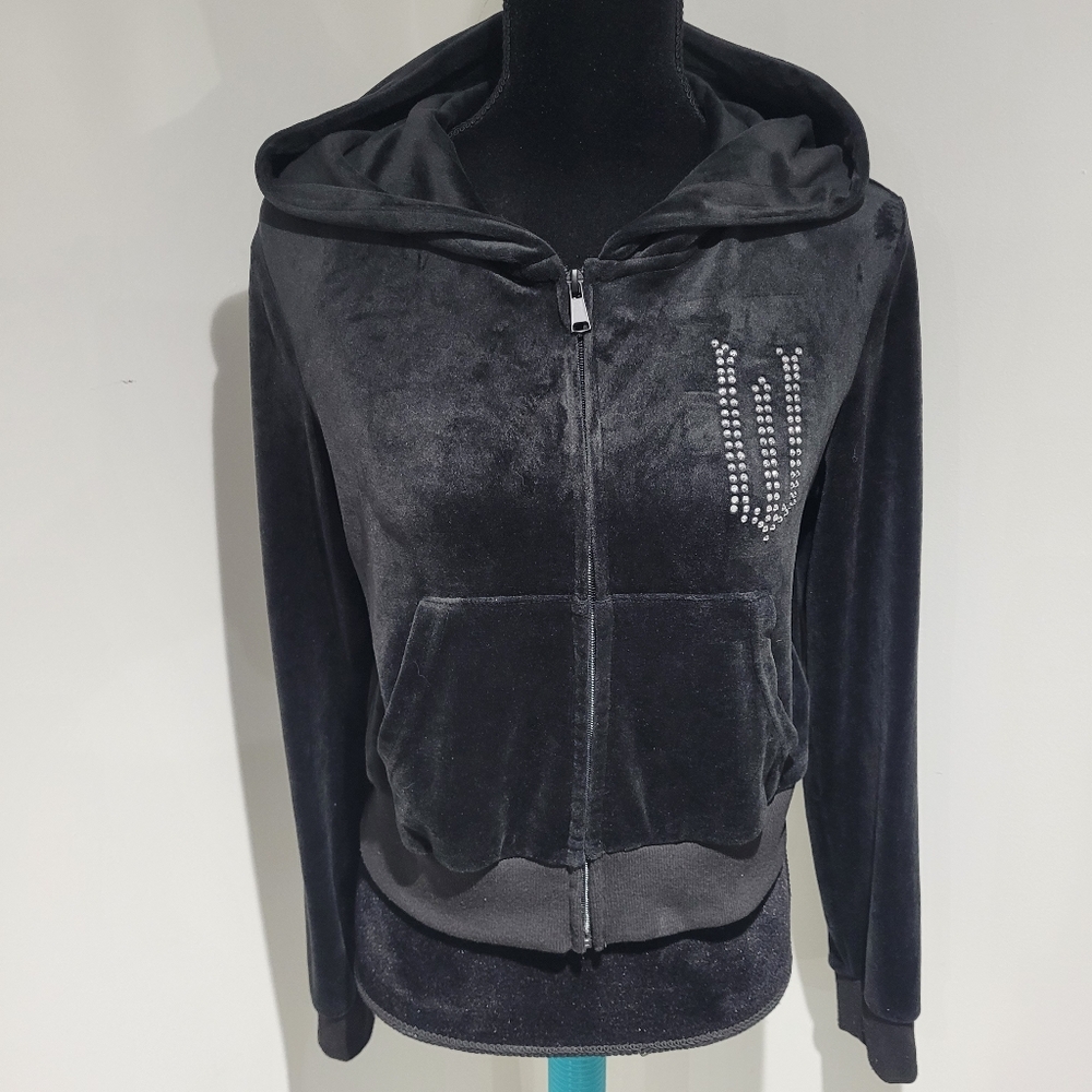 Wicked Kids Velour Rhinestone Embellished Zipper Hoodie Small Black Whimsy Y2K